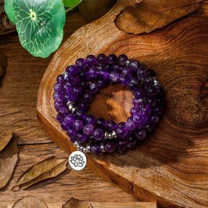 Natural 8mm Amethyst Purple Crystal  Lotus Charm Bracelet / Necklace
